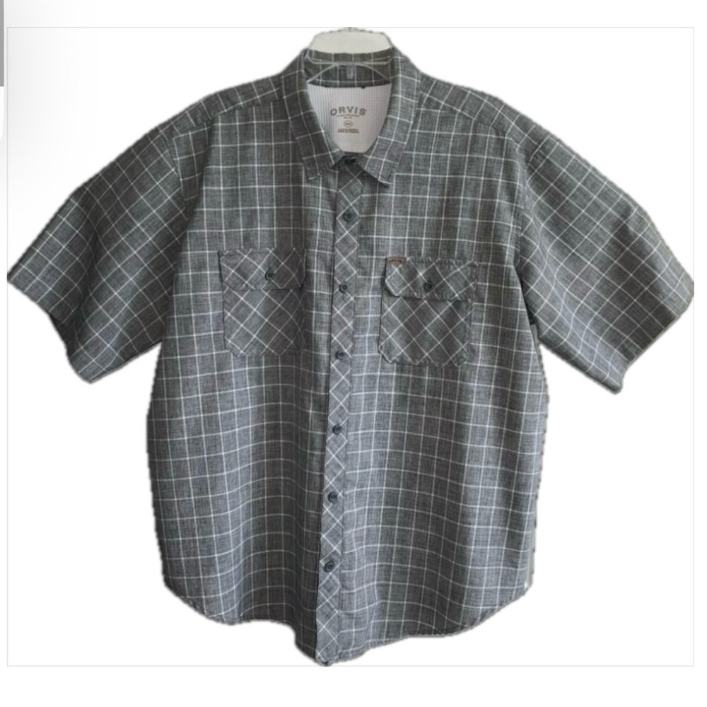 Orvis Mens Shirt Button Up Short Sleeve Gray Check Work Casual XXL